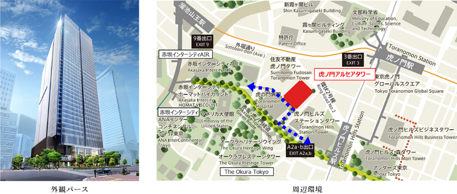 外観パースと周辺環境の地図