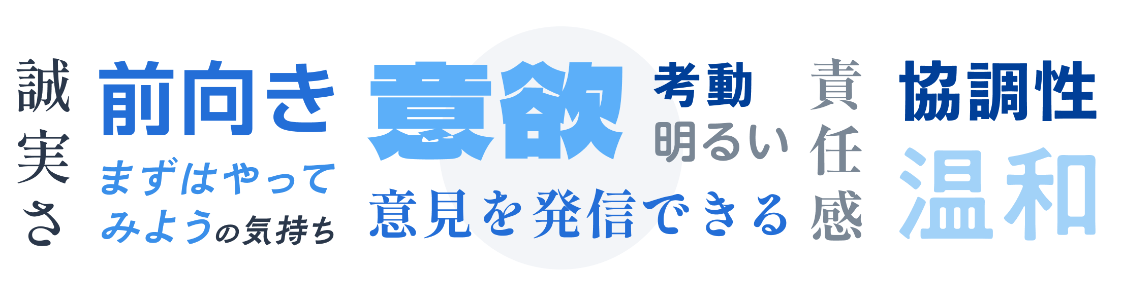 誠実さ、前向き、まずはやってみようの気持ち、意欲、考動、明るい、意見を発信できる、責任感、協調性、温和